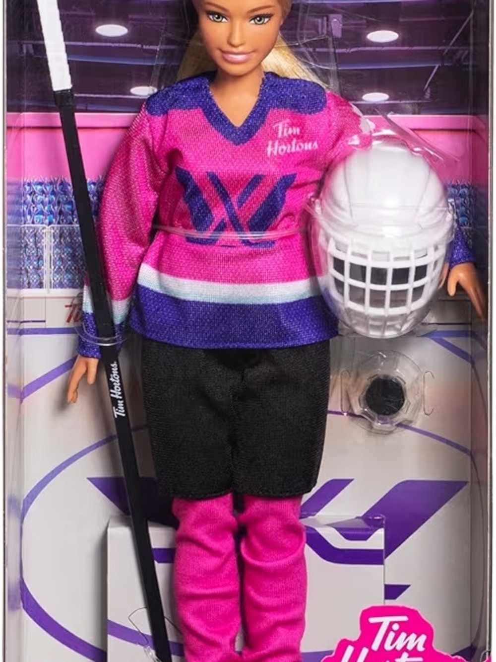 Barbie Tim Hortons PWHL 2025 Doll In Pink, Purple, And Teal Hockey Jersey, *NIB*
